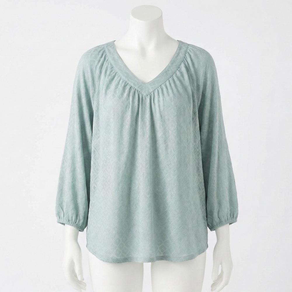 New Directions Teal Modal Peasant Blouse Geometric Texture Large